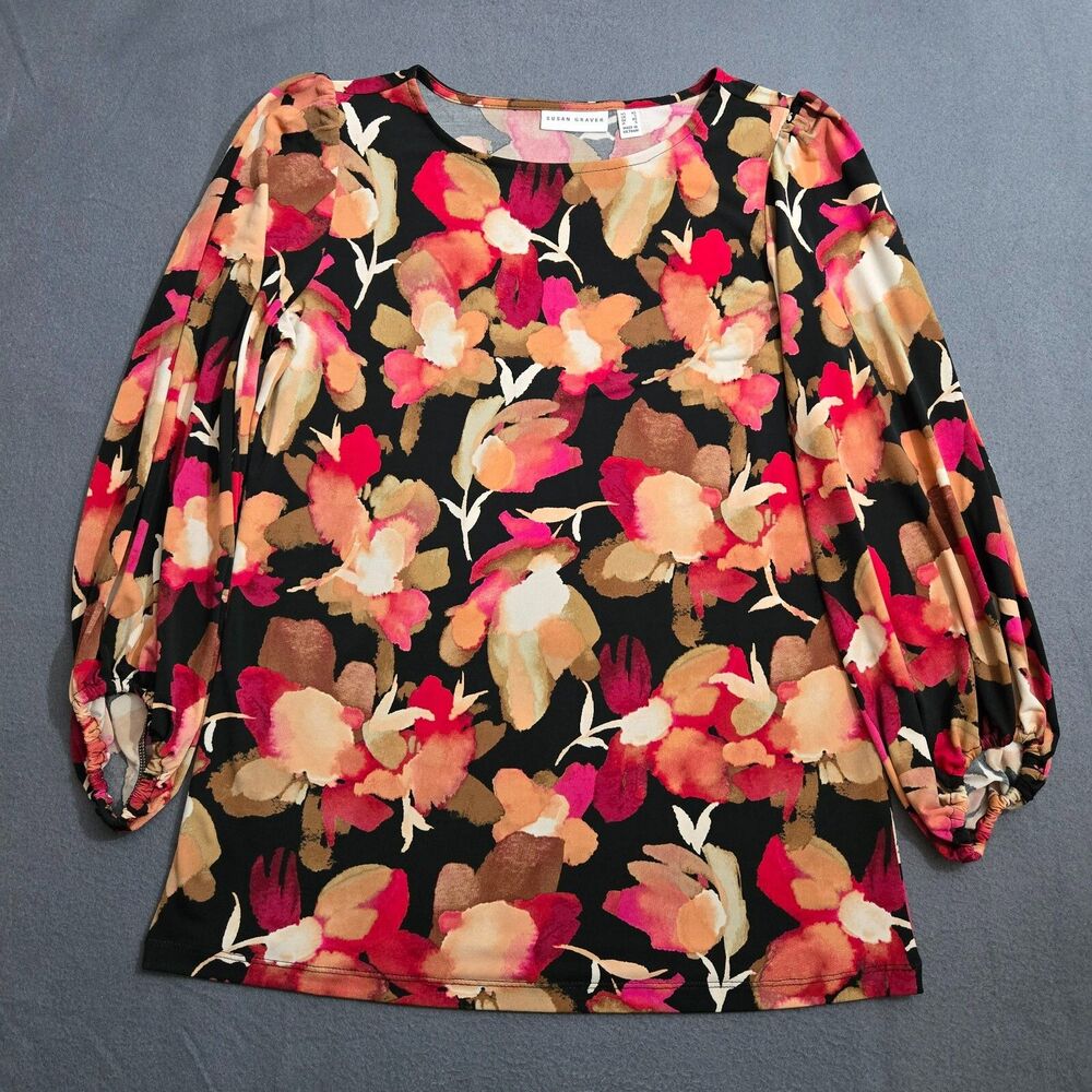 Susan Graver Women XS Multicolor Floral Puffed Poet Long Sleeve Blouse